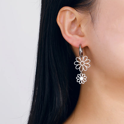 Nine Petal Flower Hoop Earrings - Stainless Steel Bohemian Hollow Pendant Jewelry Gift for Women