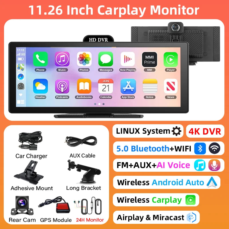 11.26-Inch 4K Dash Cam – Wireless CarPlay & Android Auto, Dual Lens DVR, Bluetooth Audio, GPS Navigation Video Recorder