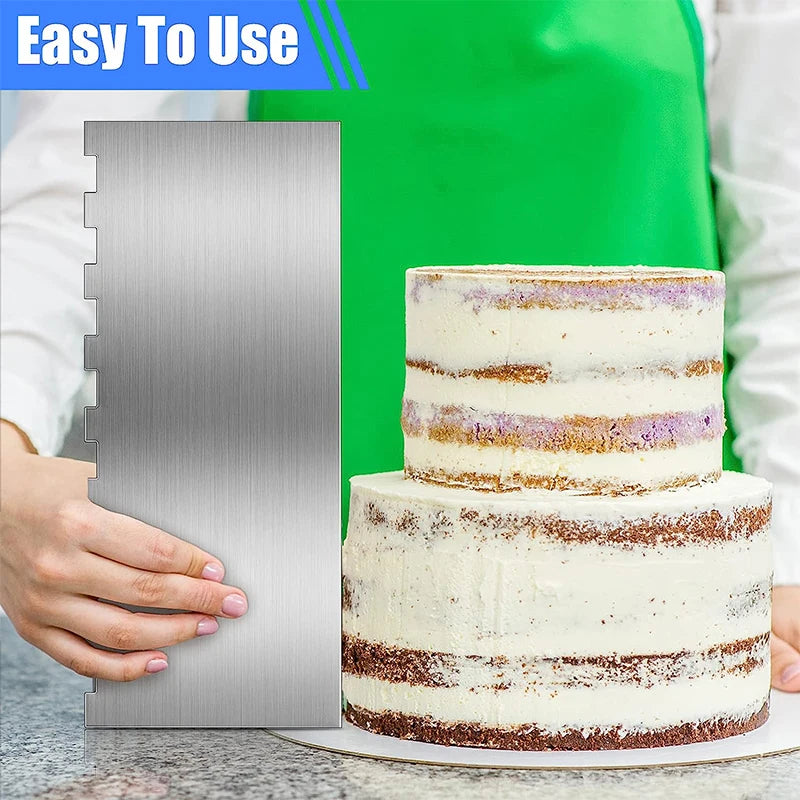 LMETJMA 10" Stainless Steel Cake Scraper – Double-Sided Patterned Edge Smoother & Pastry Cutter JT160