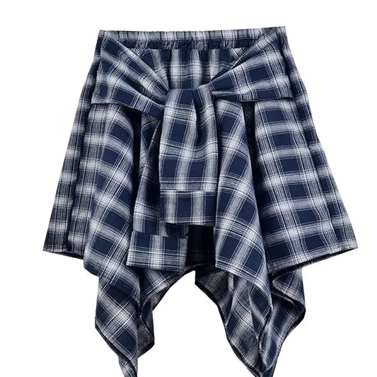 Summer Casual Retro Women’s Mini A-Line Skirt – Blue White Lattice Bow-Knot Elastic Waist Short Skirt