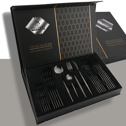 Drmfiy 24P Stainless Steel Cutlery Set - Knife Fork Spoon Flatware - Black Tableware Gift Box - Dishwasher Safe Dinnerware Kitchenware