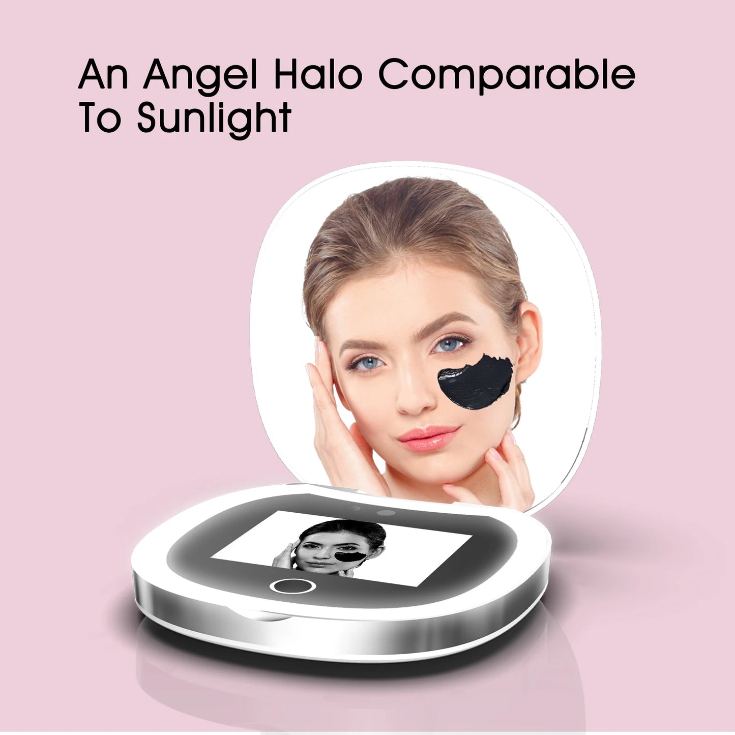 Travel Compact UV Mirror with Camera & LED Lights – 2X Magnification Makeup Mirror for Facial Sunscreen Check