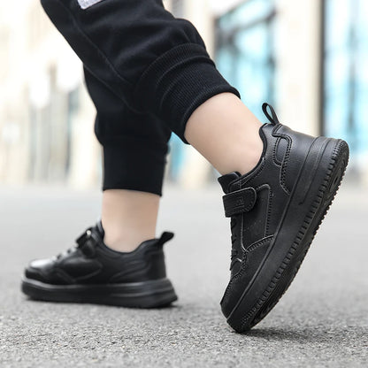 Kids' Black Leather Sneakers – Non-Slip Casual Walking & Tennis Shoes for Boys and Girls