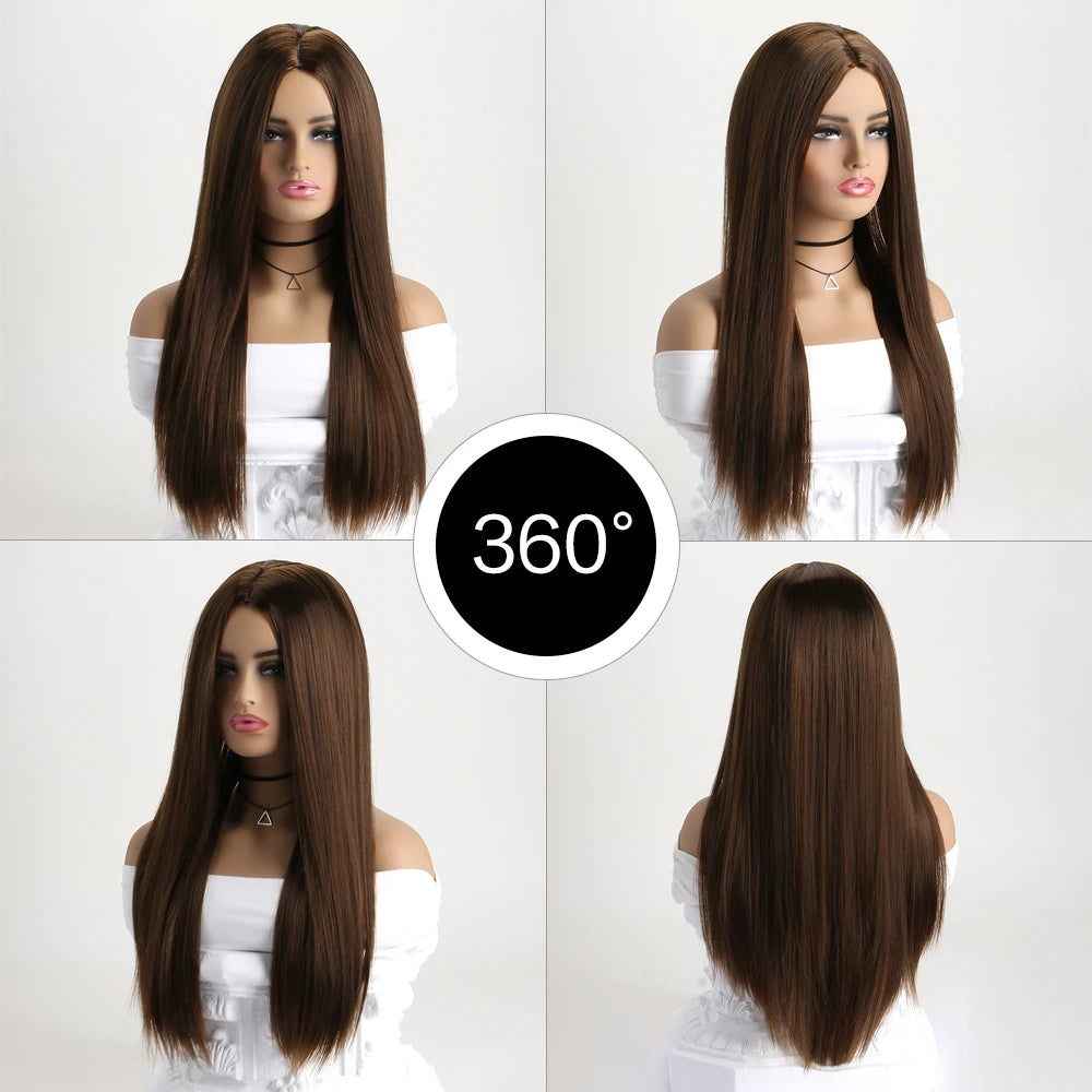 26-Inch Long Straight Wig with Mid Bangs – Black Ombre Heat-Resistant Wig for Women, Daily Wear, Cosplay & Halloween