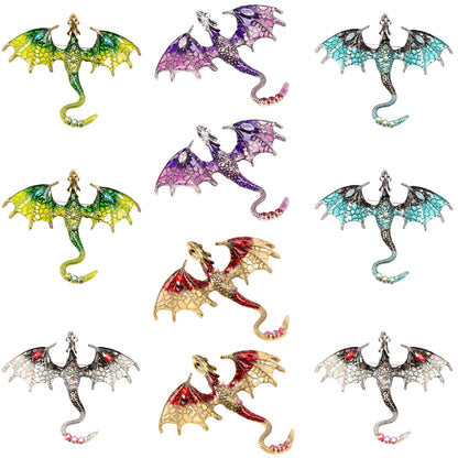 10-Piece Flying Dragon Enamel Brooch Set - Vintage Alloy Dragon Pins for Jewelry & Necklaces
