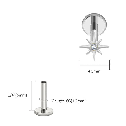 Right Grand ASTM F136 Titanium CZ North Star 16G Flat Back Earring – Tiny Starburst Helix, Cartilage & Earlobe Stud Piercing Jewelry