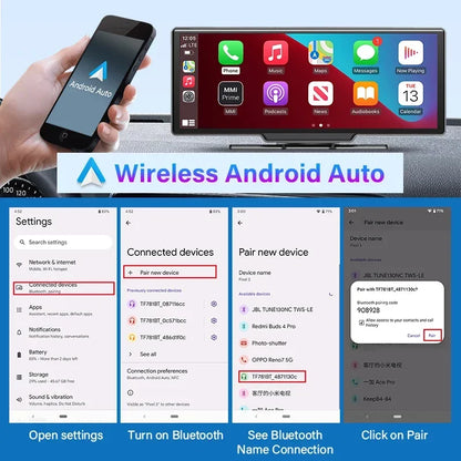10.26'' 4K Dash Cam Car Mirror Video Player - Wireless CarPlay, Android Auto, GPS, and Rearview Camera Monitor