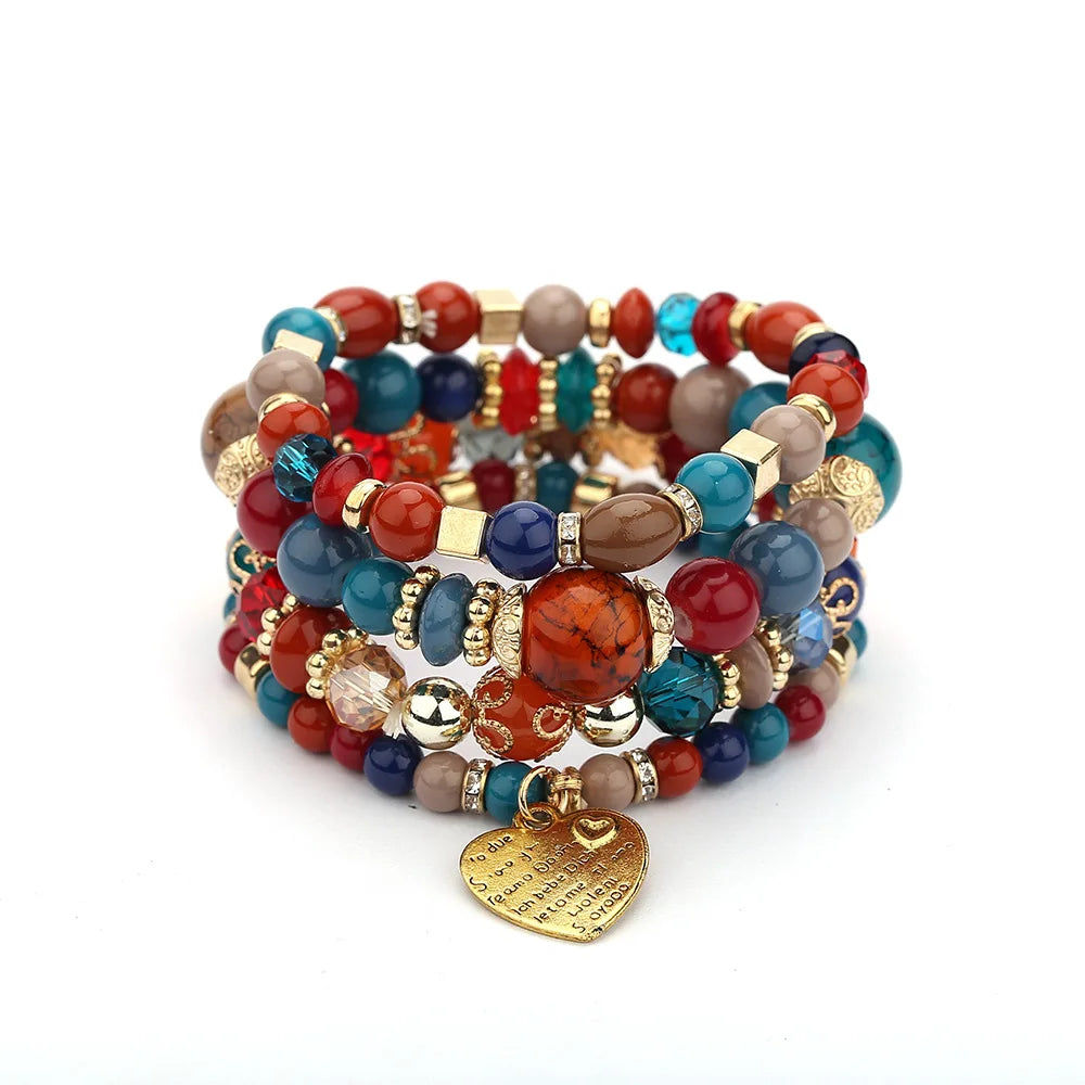 Bohemian Acrylic Beaded Bracelet Set – Solid Heart Charm Elastic Bangles for Women & Men, Retro Daily Wear Jewelry Gift