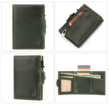 HUMERPAUL Men’s Pop-Up Card Holder – Crazy Horse Leather RFID Blocking Slim Wallet with Money Pocket & Metal Bank Card Case
