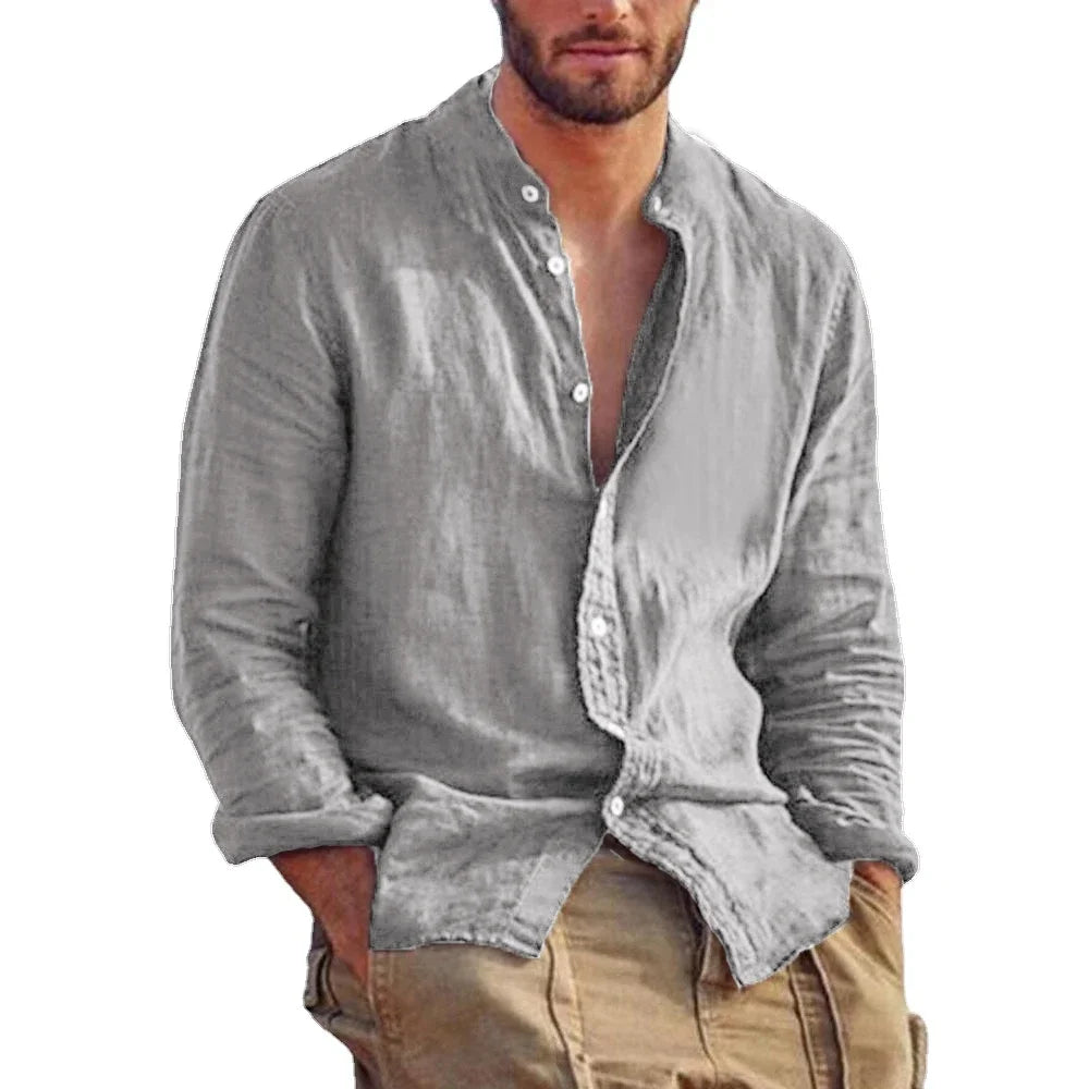 Men's Linen Stand Collar Shirt - Lightweight Breathable Long Sleeve Casual Shirt