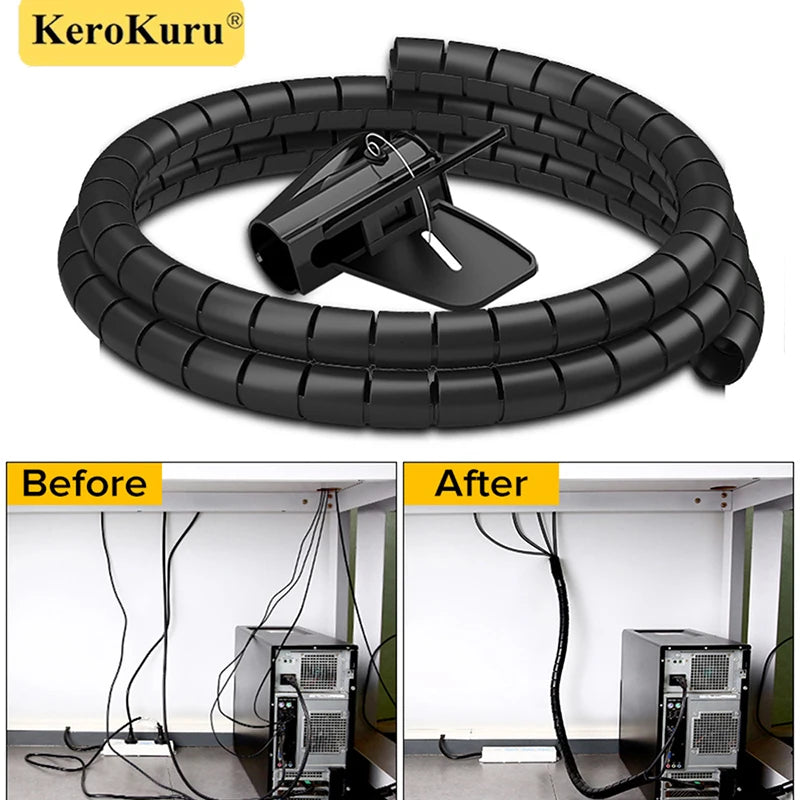 2M Flexible Spiral Cable Wire Protector | 16/10mm Diameter | Computer Cord Protective Tube | Clip Organizer Management Tools