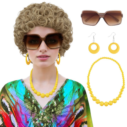Synthetic Old Lady Wig Costume Set – Short Curly Silver White Grandma Wig & Glasses for Women, Granny Cosplay, Halloween Party