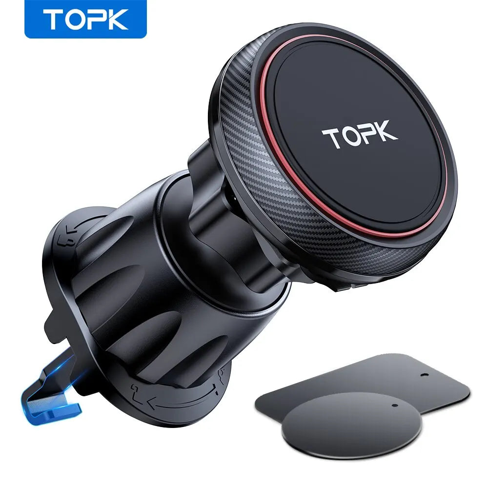 TOPK Magnetic Car Phone Mount – 6 N52 Magnets Air Vent Holder for iPhone 15 and Universal Smartphones