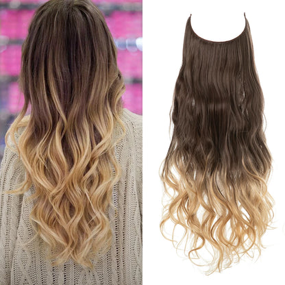 Synthetic Ombre Hair Extension - One Piece Invisible Wire Long Wavy Clipless False Hairpiece Black Blonde Pink