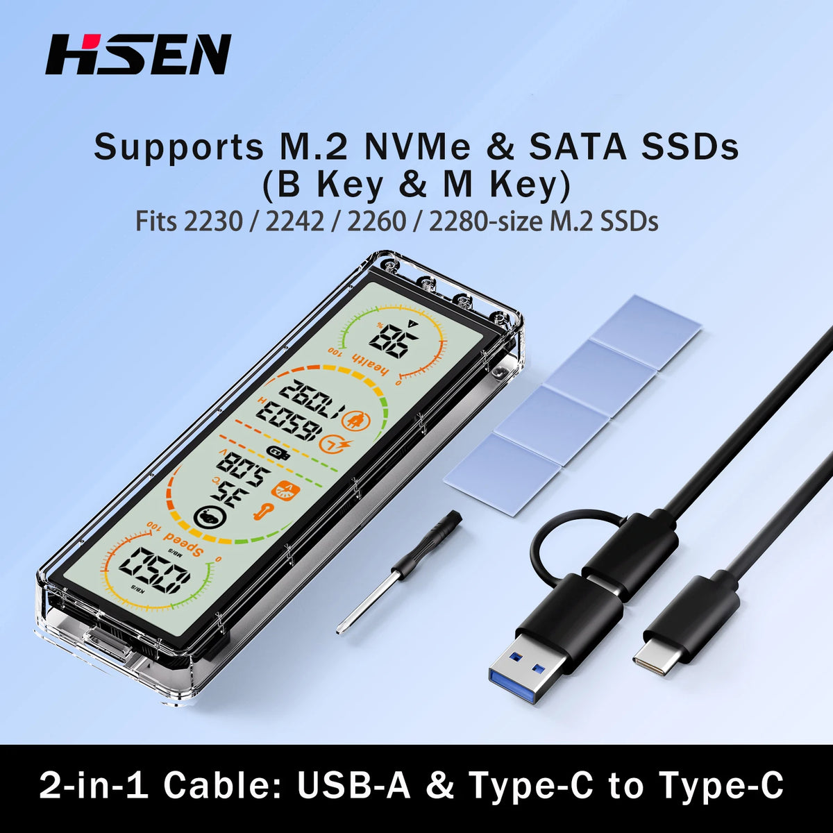 10Gbps M.2 SSD Enclosure - USB 3.2 Gen2 Type-C External Case with Smart Display for NVMe & SATA Drives