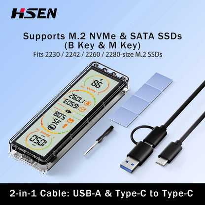 10Gbps M.2 SSD Enclosure - USB 3.2 Gen2 Type-C External Case with Smart Display for NVMe & SATA Drives