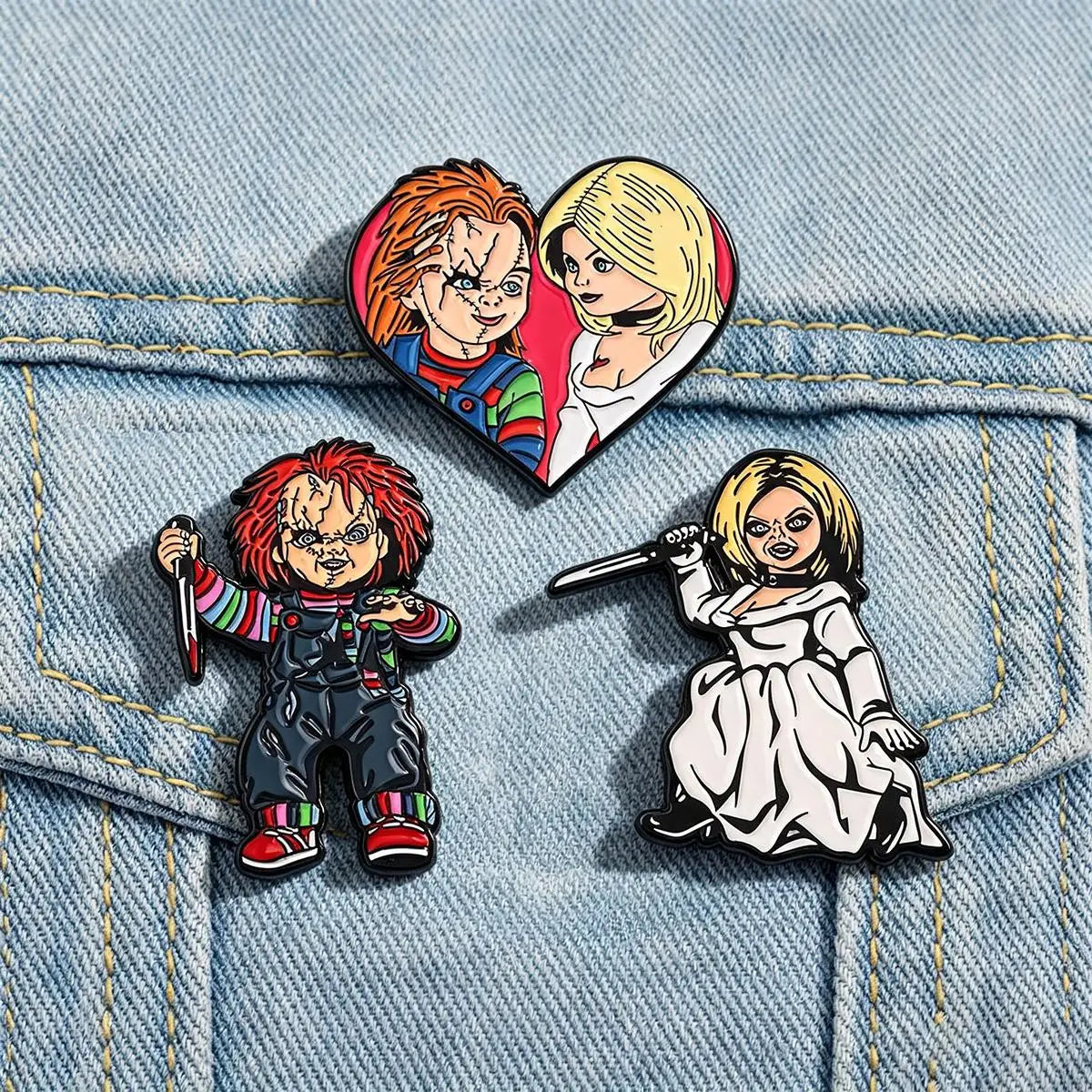 3-Piece Chucky & Tiffany Horror Enamel Pin Set - Metal Lapel Brooches for Backpacks, Cosplay Costumes & Halloween Gifts