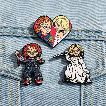 3-Piece Chucky & Tiffany Horror Enamel Pin Set - Metal Lapel Brooches for Backpacks, Cosplay Costumes & Halloween Gifts