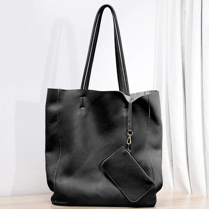 Customizable Name Large Capacity Commuter Bag – 100% Genuine Leather Soft Tote, Single Shoulder & Diagonal Shopping Bag