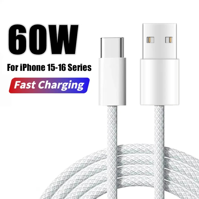 60W USB-C Fast Charging Cable for iPhone 15/16/17 Series – Braided Type-C to USB Data & Power Cable for Pro, Pro Max, Air & Plus Models