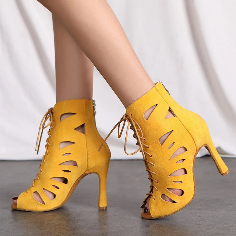 HROYL Women’s Latin Dance Shoes – Lace-Up Hollow Fish Mouth Jazz & Tango High Heels 6-10CM