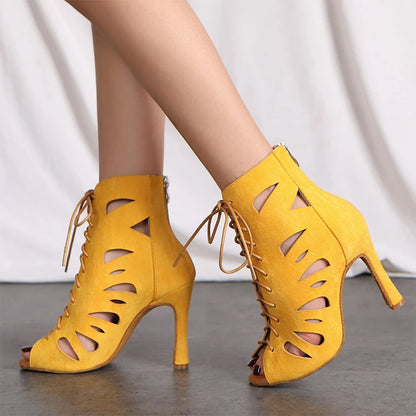 HROYL Women’s Latin Dance Shoes – Lace-Up Hollow Fish Mouth Jazz & Tango High Heels 6-10CM