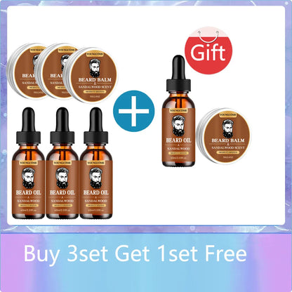 Organic Beard Growth Oil & Sandalwood Balm Grooming Kit (1/2/4 Set) – 24H Nourishing Beard Care with Argan Oil & Vitamin E, Anti-Flake Moisturizer for Men