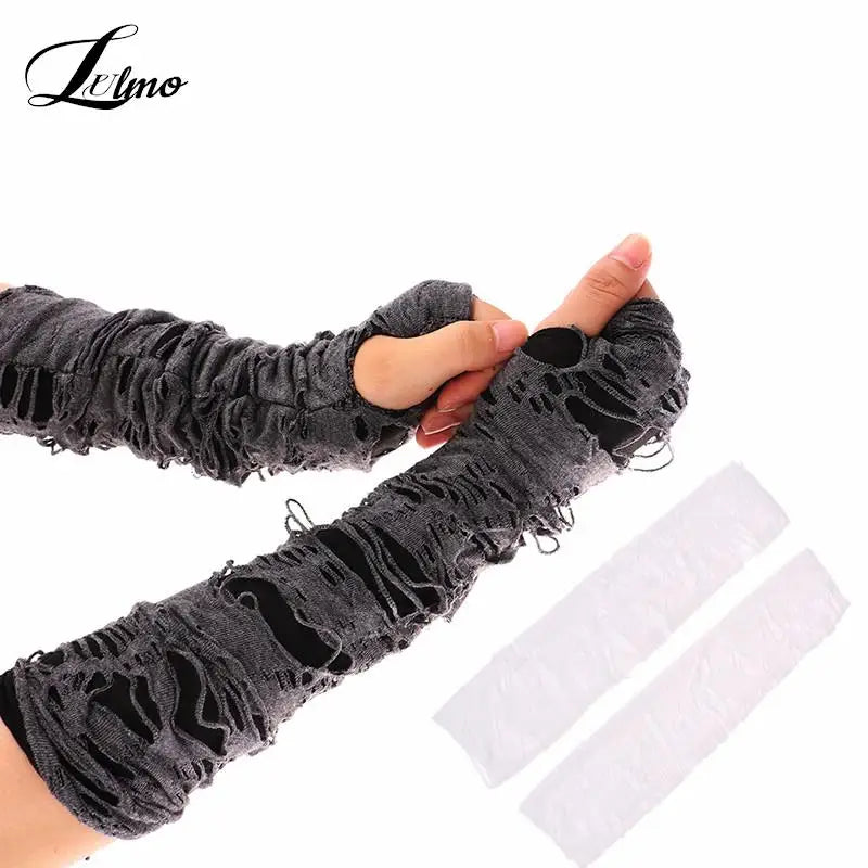 Sexy Gothic Fingerless Gloves – Ripped Broken Slit Halloween Cosplay Gloves with Holes Design for Adults Costume Wear