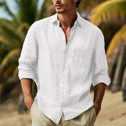 Men’s Cotton Linen Hawaiian Shirt – Solid White Turn-Down Collar Lightweight Breathable Casual Streetwear Large Size