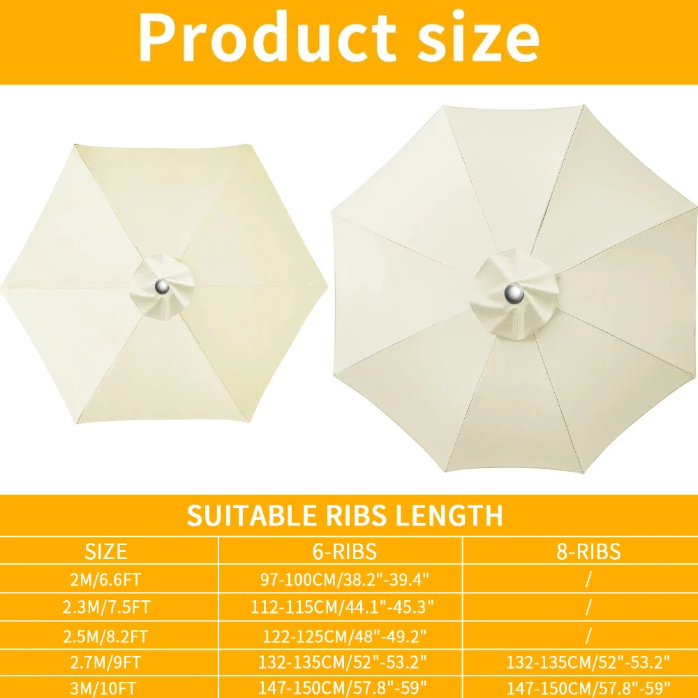 Universal Replacement Patio Umbrella Canopy – Waterproof Sunshade Cover for Garden Parasol (2m/2.5m/2.7m/3m, 6 & 8 Ribs)