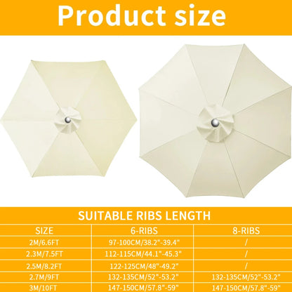 Universal Replacement Patio Umbrella Canopy – Waterproof Sunshade Cover for Garden Parasol (2m/2.5m/2.7m/3m, 6 & 8 Ribs)