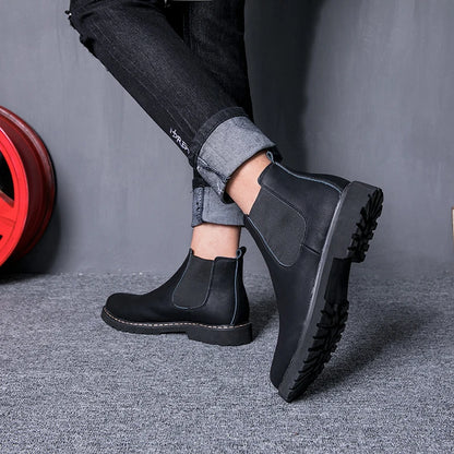 Men’s Winter Chelsea Boots – Black Split Leather Warm Plush Fur Lined Boots