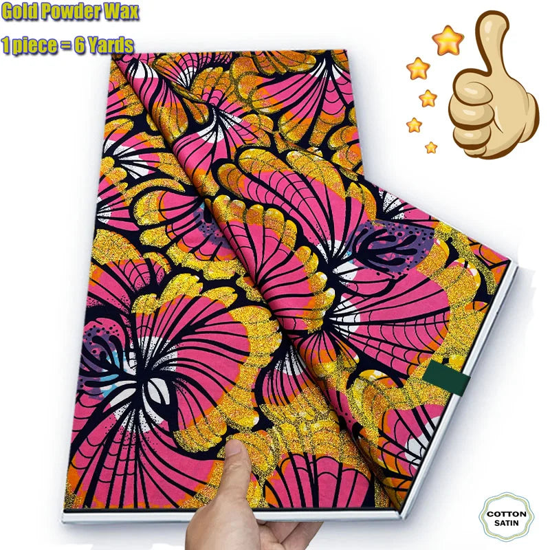 Soft Glitter Golden Wax Fabric - 100% Cotton Ankara Flash Gold Print Batik African Fabric for Nigerian Fashion Sewing & Crafting