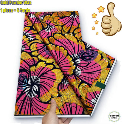 Soft Glitter Golden Wax Fabric - 100% Cotton Ankara Flash Gold Print Batik African Fabric for Nigerian Fashion Sewing & Crafting