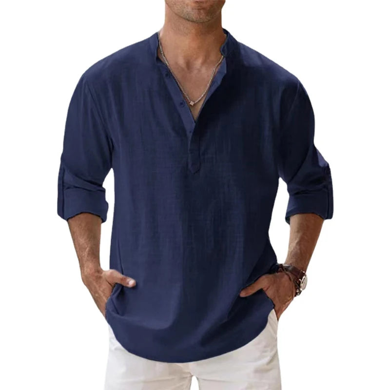 Men's Cotton Linen Henley Shirt - Lightweight Long Sleeve Casual Beach Summer Top
