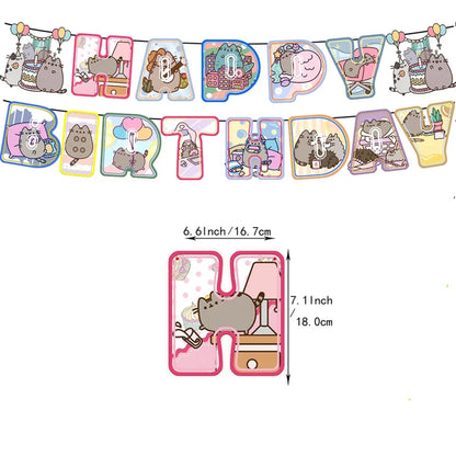Pusheen Cat Birthday Party Decorations - Cartoon Pet Theme Balloons, Banner, Backdrop, Cake Topper, and Baby Shower Stickers