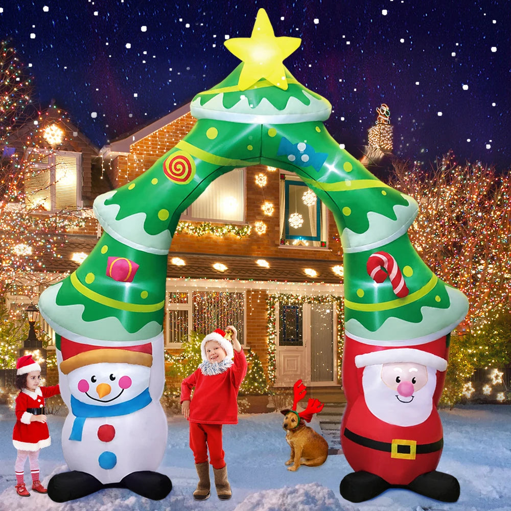 Merry Christmas Tree Arch Inflatable – Santa Claus Sleigh Decoration with LED Light for Home, Garden, and New Year Party Decor