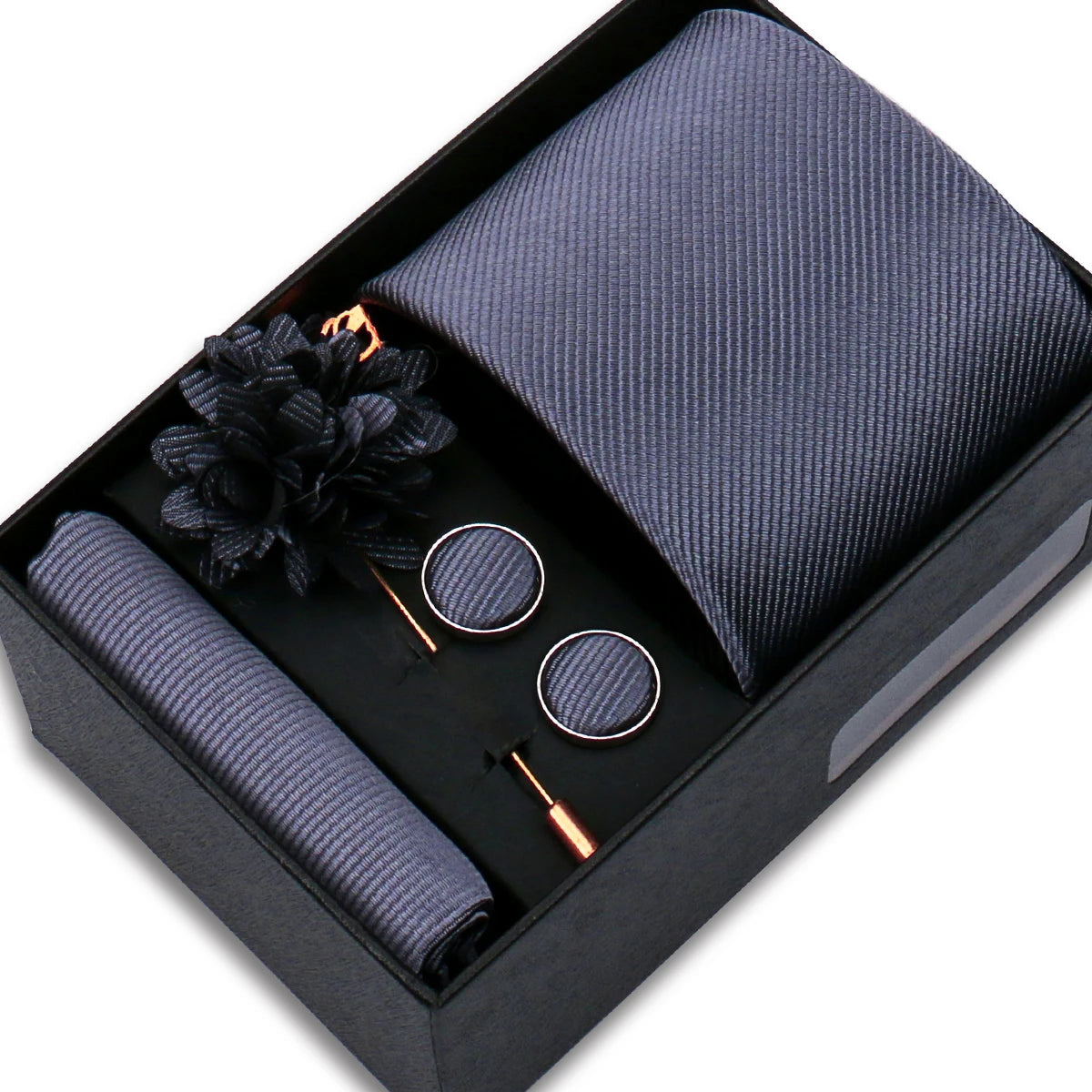 Men's Solid Color Tie Set - Jacquard Necktie, Hanky, Cufflinks & Brooch Gift Box for Weddings