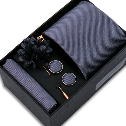 Men's Solid Color Tie Set - Jacquard Necktie, Hanky, Cufflinks & Brooch Gift Box for Weddings