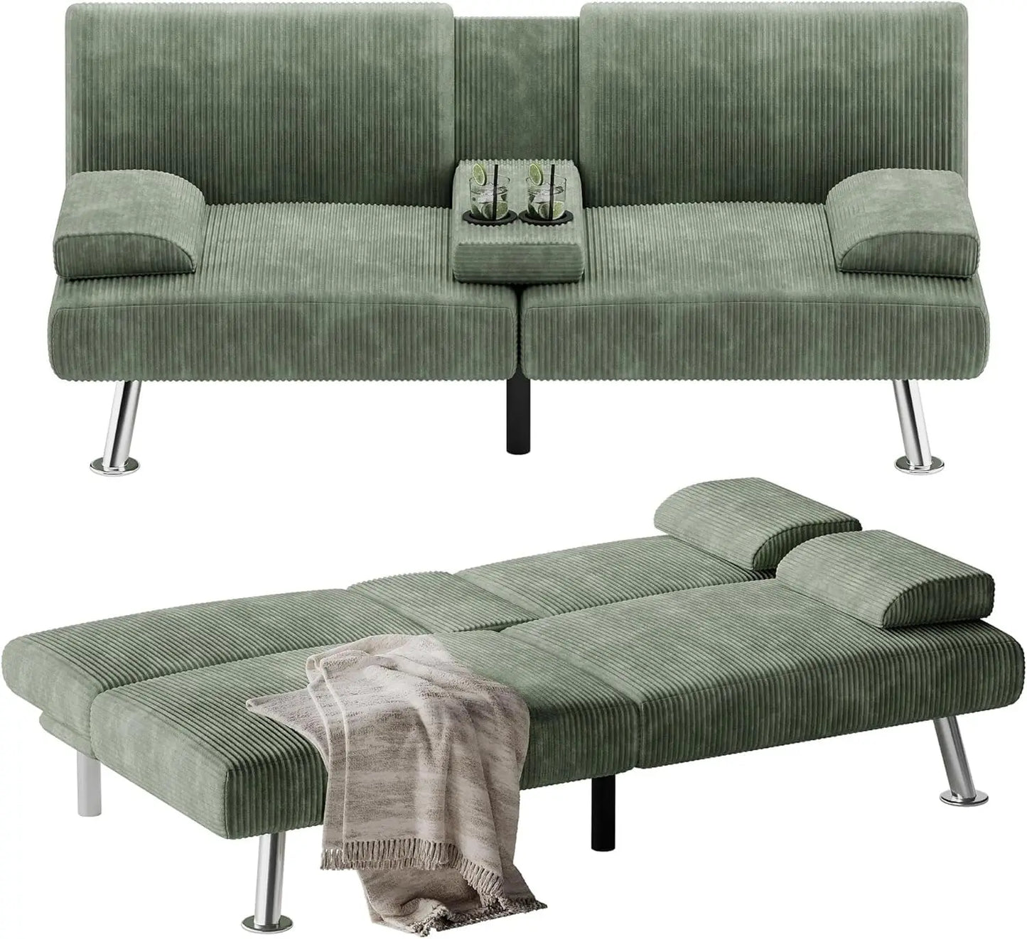 Modern Corduroy Futon Sofa Bed with Cup Holders & Removable Armrests – Folding Recliner Lounge, Green