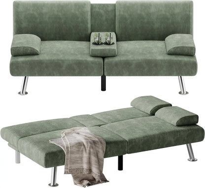 Modern Corduroy Futon Sofa Bed with Cup Holders & Removable Armrests – Folding Recliner Lounge, Green