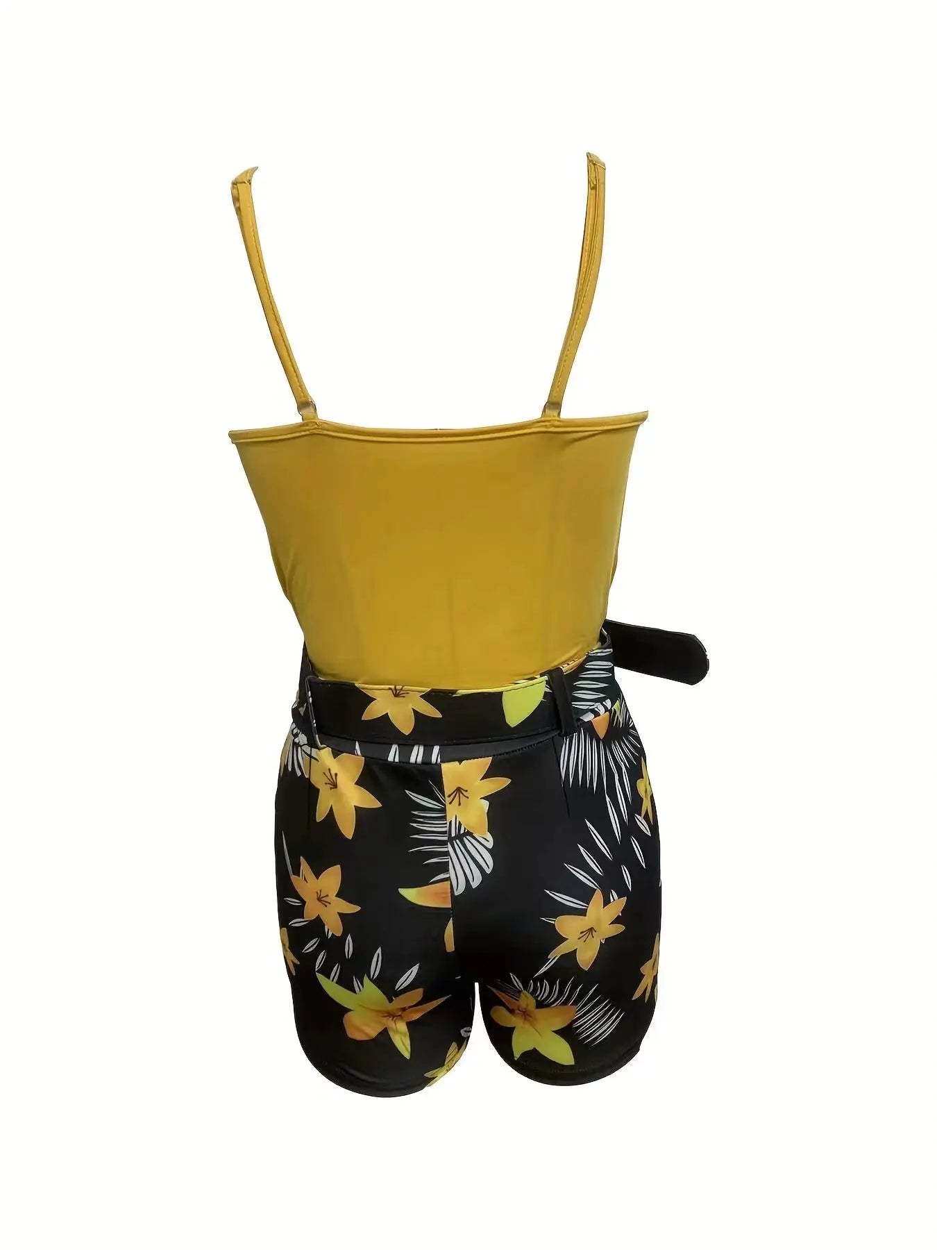 Women’s V-Neck Camisole & Plant Print Shorts Set – European & American Style, Belted Summer Outfit
