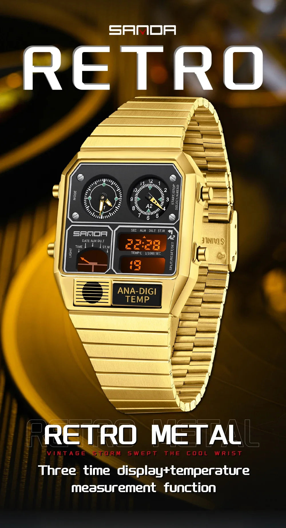 SANDA 3192 Men's LED Square Watch with Thermometer, Stopwatch & Chronograph – Multi-function Casual Timepiece for Youth   2/2