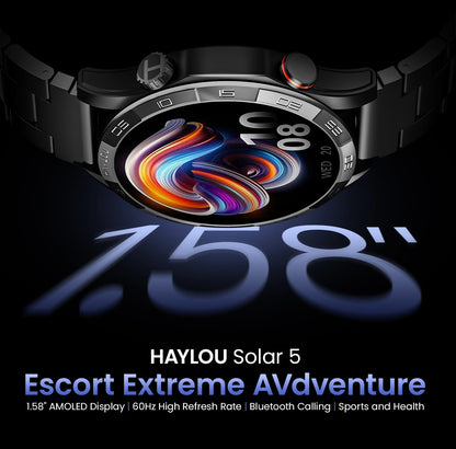HAYLOU Solar 5 Smartwatch — 1.58" AMOLED, Voice Calling, 24H Health & Sports Tracker for Men