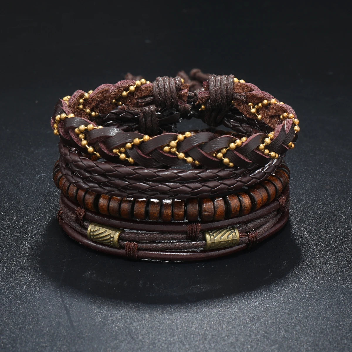 4Pcs Men's Braided Leather Bracelets Set – Vintage Life Tree & Rudder Charms, Wood Beads, Ethnic Tribal Wristbands