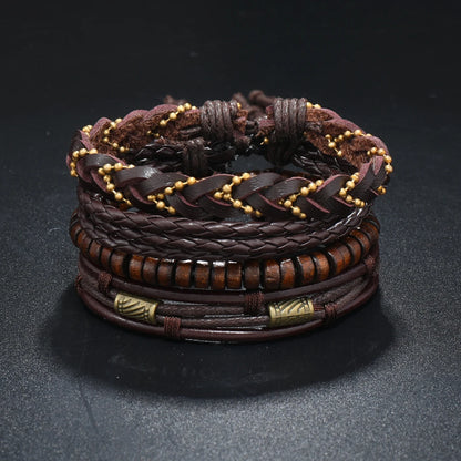 4Pcs Men's Braided Leather Bracelets Set – Vintage Life Tree & Rudder Charms, Wood Beads, Ethnic Tribal Wristbands