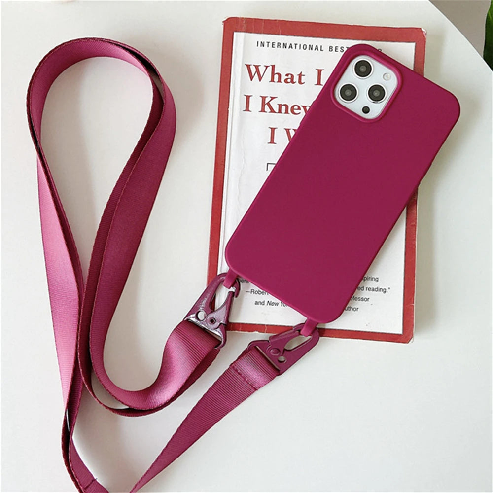 Crossbody Necklace Strap Silicone Case - Matte Shockproof Phone Cover for iPhone 17, 16, 15, 14 Pro Max & More