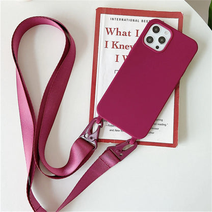 Crossbody Necklace Strap Silicone Case - Matte Shockproof Phone Cover for iPhone 17, 16, 15, 14 Pro Max & More