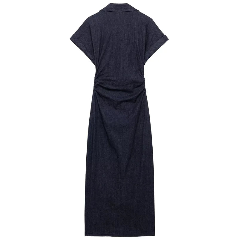 TRAF Women’s Denim Bodycon Dress – Summer 2025 Blue Button Ruffled Batwing Sleeve Long Casual Beach Vestido