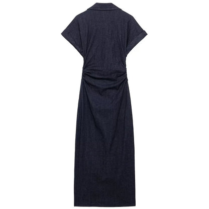 TRAF Women’s Denim Bodycon Dress – Summer 2025 Blue Button Ruffled Batwing Sleeve Long Casual Beach Vestido